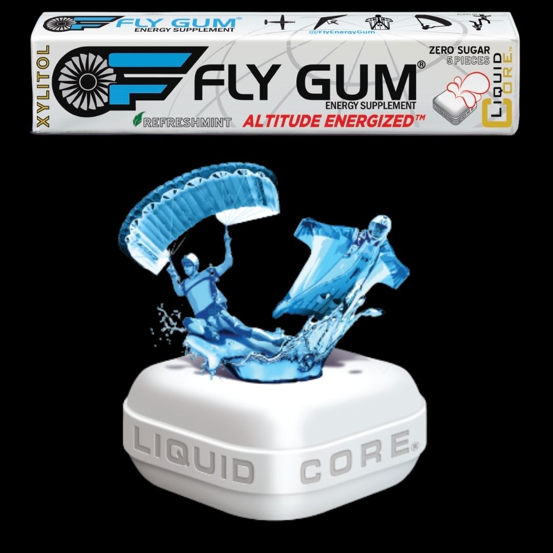 a pack of fly gum above a piece of gum with someone in a wingsuit and another coming down in a parachute. Energy gum for airsports.