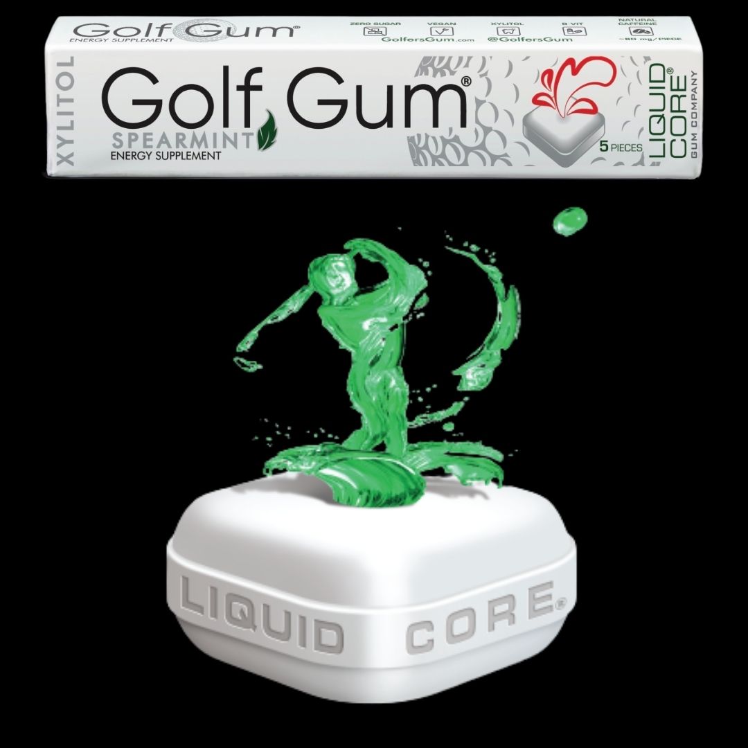 a pack of golf gum above a piece of gum with a golfer coming out. Gum for golfers. golfers gum.