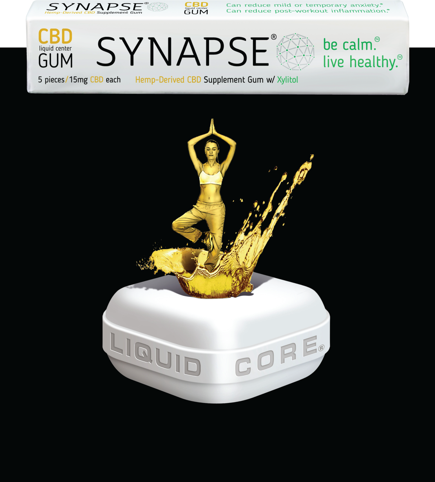 synapse gum pack with a piece of liquid core gum with woman doing a yoga pose coming out of the center